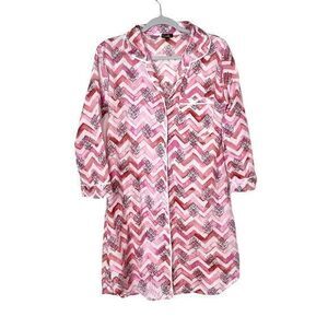 All Jazzed Up Pajama Button Up Shirt Dress Top Medium Pink Floral Block Print M